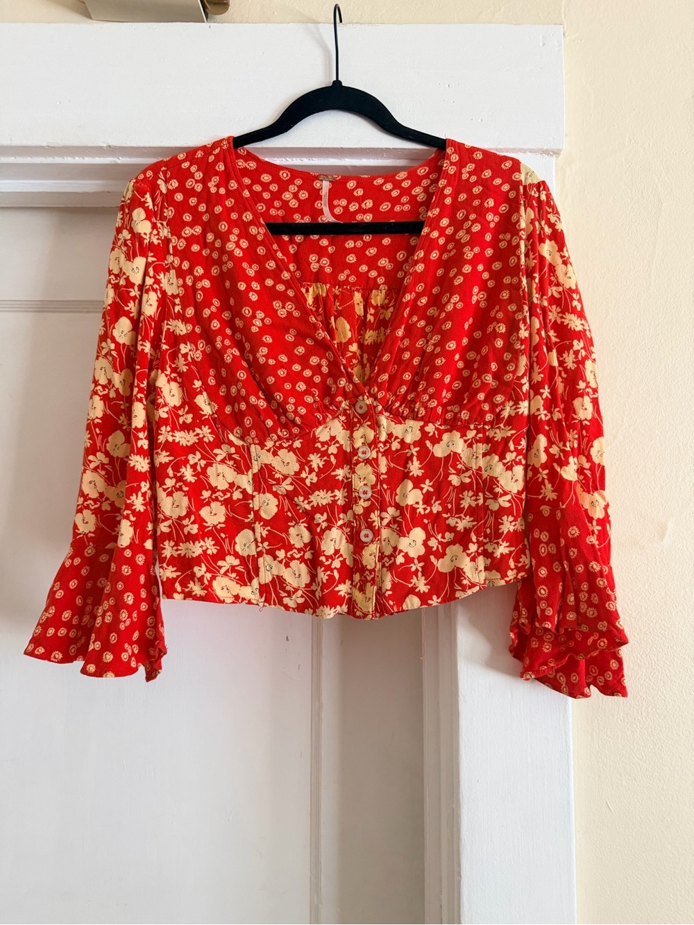 Free People Lady Bohemian Blouse Red Floral Bell Sleeve Top Size L